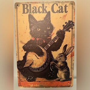 Whimsical Black Cat and Rabbit Metal Sign